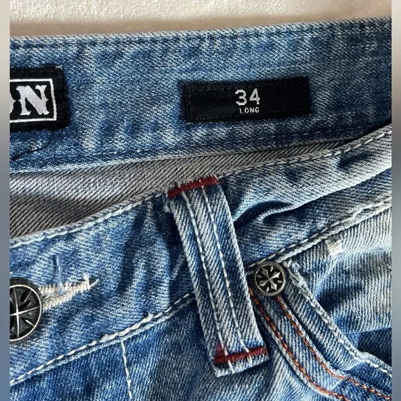 INSANE Y2K Affliction Black Premium BLAKE 34 Long Patch Distressed Jeans AC/DC - Picture 9 of 16